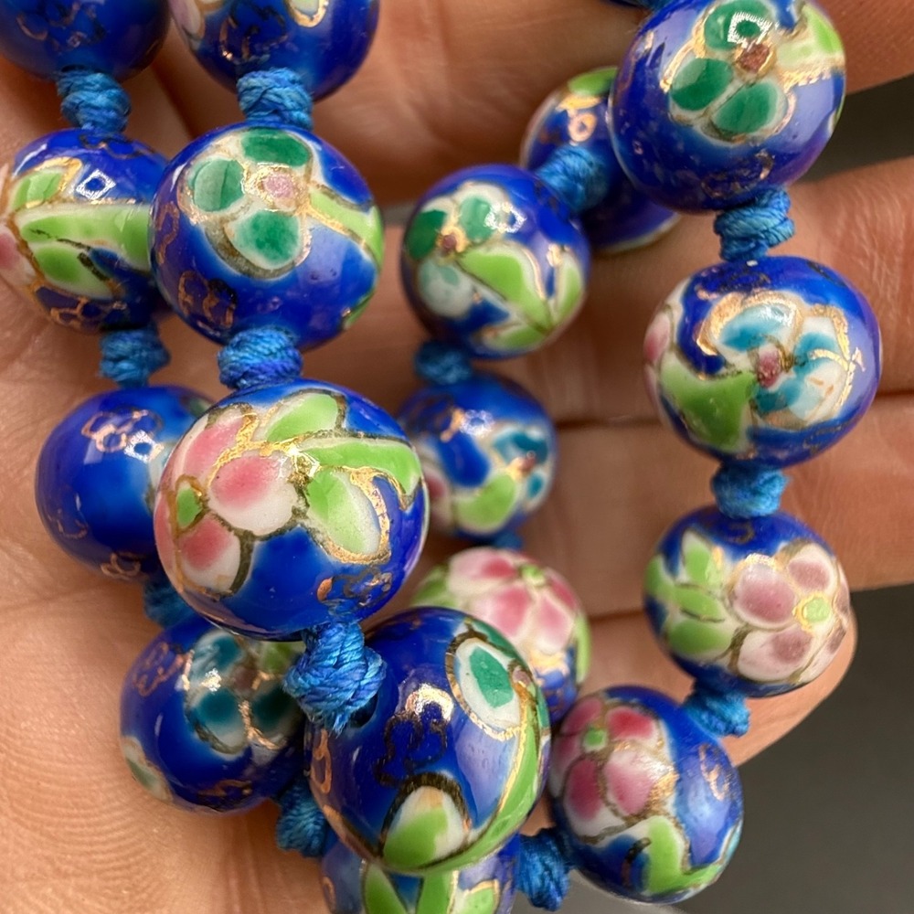 Vintage Chinese Cloisonne Enamel Necklace Blue 26" - Picture 10 of 10